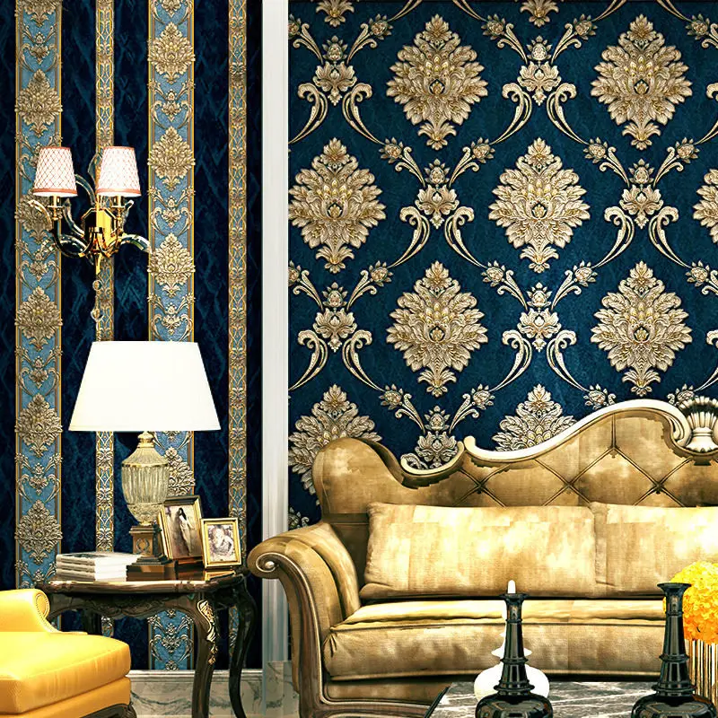 유럽 스타일 블루 다마스크 3D PVC 엠보싱 벽지 고 - Luxury Lifestyle Wallpaper 리뷰 및 가격