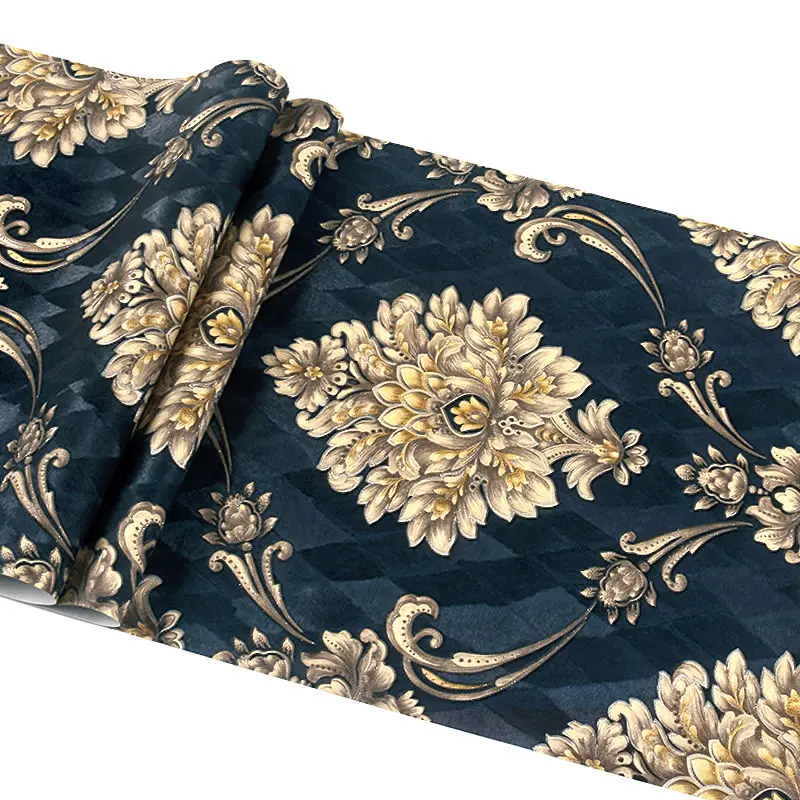 유럽 스타일 블루 다마스크 3D PVC 엠보싱 벽지 고 - Luxury Lifestyle Wallpaper 리뷰 및 가격